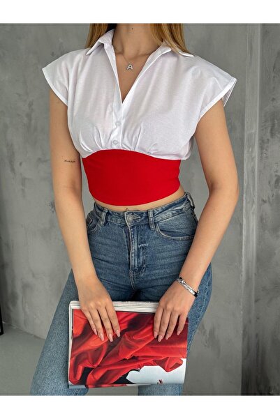 rose tml giyim Beyaz Gömlek Yaka Renk Bloklu Bluz