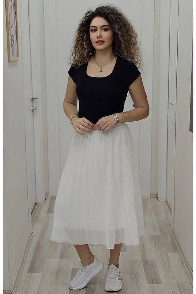 lodmela Fusta plisata cu talie elastica 6018-Alb