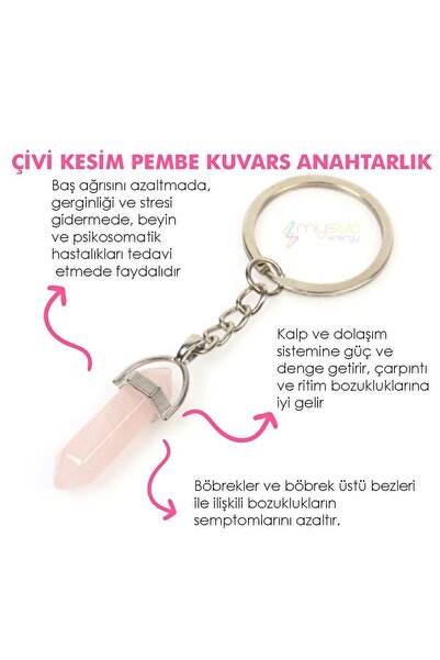 Mystic Energy Doğal Taş Pembe Kuvars Taşı Çivi Kesim Kadın Erkek Anahtarlık |...