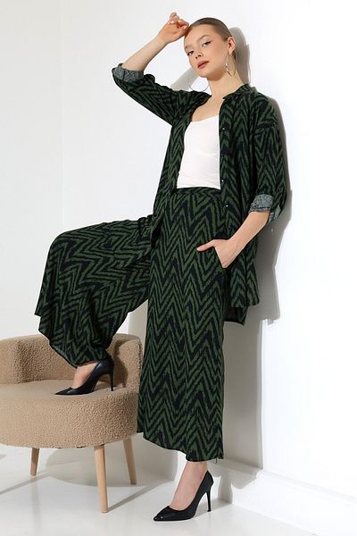 AYASOFYA OTANTIK Women's Khaki Print Shirt Tunic Rubber Waisted Pants Set