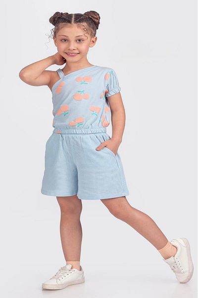 Magu Costum pentru fete din bumbac albastru cu model cireșe