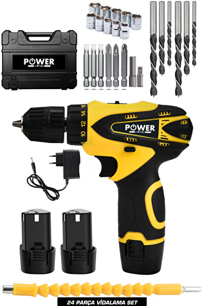 POWER BLACK ŞARJLI MATKAP 12v 1.5ah Çift Akülü Vidalama Şarjlı Matkap 24 Parça