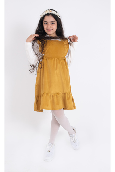 Burç Kız Çocuk ASKILI KADİFE ELBİSE + UZUN KOL BADİ 2 li TAKIM