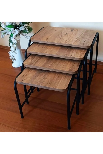 Can Vista Home Ceviz 4'lü Zigon Sehpa Metal Statik Siyah Ayaklı