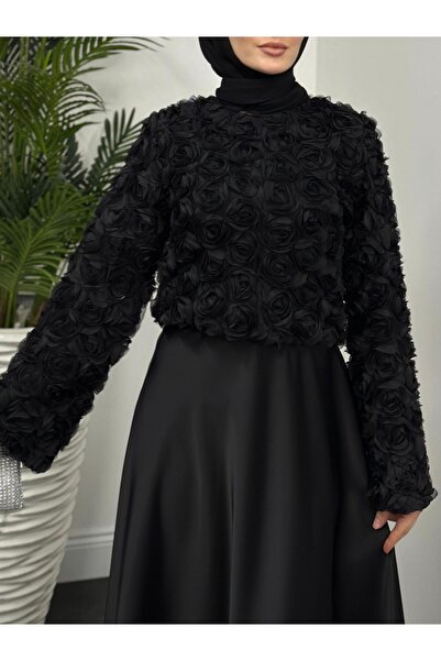 Modamorfo Блузка з іспанськими рукавами з органзи з трояндами - чорна