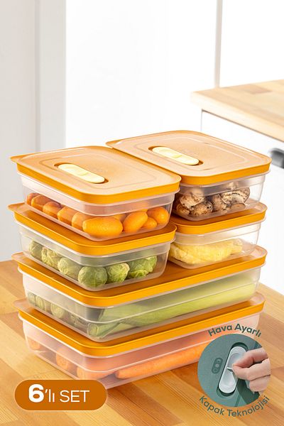 Vienev Adjustable Vegetable and Fruit Storage Set with 6 Air Ducts - 4X1.15 Lt, 2X2.5 Lt Orange