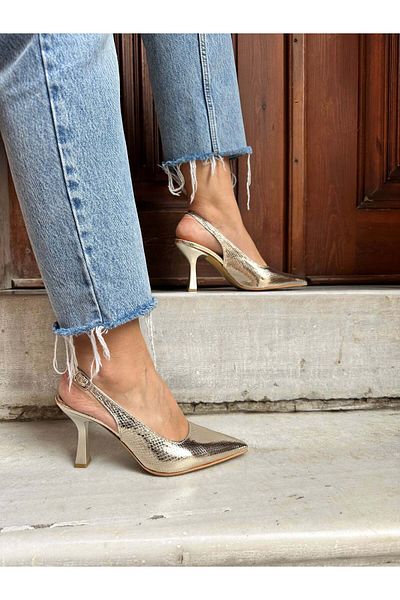 Atelierby DS 9 cm Stylish Women's Stiletto with Gold Snake Pattern