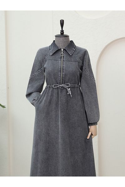 Modamorfo Half Zipper Tunnel Lace-Up Denim Dress -Smoked