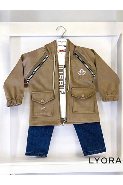 yavrucak kıds Brown Nubuck Fabric 3-Piece Boy's Suit with Seasonal Jacket, White T-Shirt and Jeans