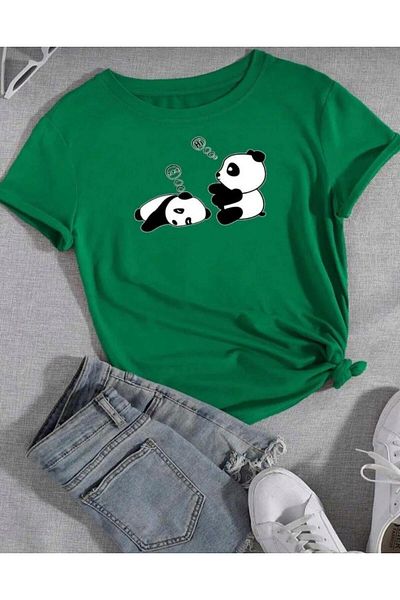 khufu Πράσινο μπλουζάκι Oversize Unisex με χαλαρή εφαρμογή με στάμπα pandaicls