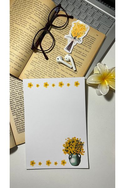 Handeto Kraft Yellow Floral Pattern A5 Notepad - Check Pluck Notebook, Glue Memo Pad, Unlined