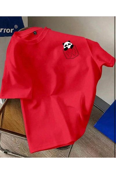khufu Oversize Red Panda Pocket Printed Relaxed Fit T-Shirt Unisex