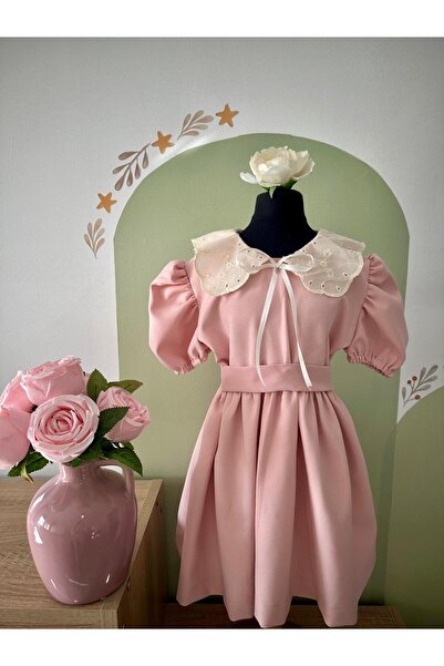 LİONXKİDS Bella Model, Fisto Bebe Yaka, Balon Kol, Pembe Çocuk Elbisesi