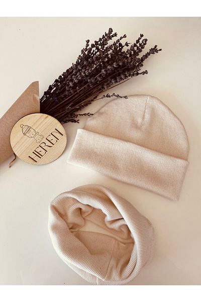 HEREN BUTİK Baby Kids Folded Label Camisole Beanie and Neck Collar Set