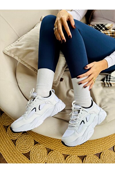 İnan Ayakkabı Women's White Black a Quality Vegan Leather Orthopedic Women's Sneakers & Sports Shoes (Sole 4 cm)