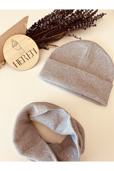 HEREN BUTİK Gray Folded Label Beret and Neck Collar Set