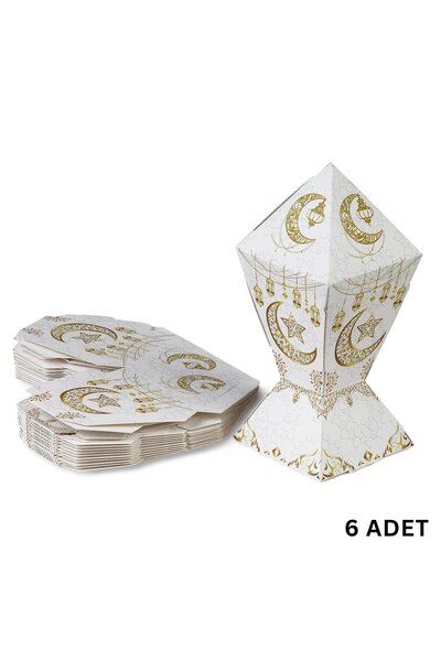 roco paper 6lı Ramazan Şeker Hediye Kutusu, Beyaz&Altın Ay, Yıldız, Fener Tas...