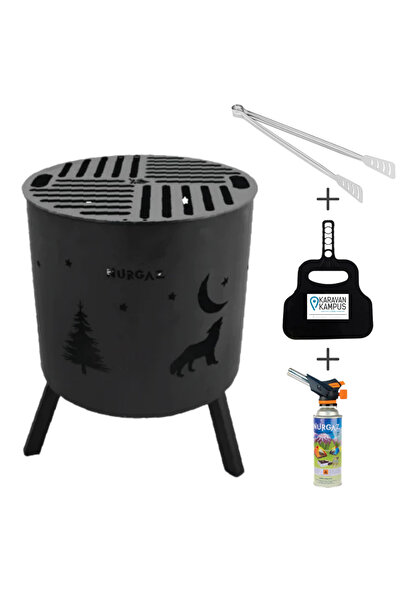 NURGAZ Katlanır Ayaklı Izgaralı Ateş Kovası Orman Şöminesi, Pürmüz, Yelpaze, Barbekü Maşa Seti