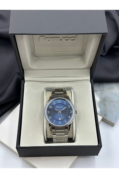 Ferrucci Silver Band Blue Dial Minimalist Design Steel Band Ferrucci Men's Wristwatch