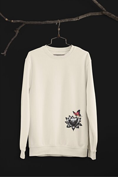 Butik Unisex Long Sleeve 2 Thread Flower Butterfly Transfer Printed Crew Neck...