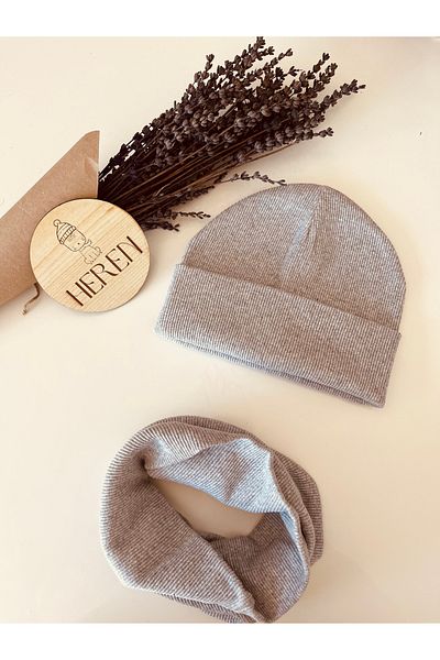 HEREN BUTİK Gray Folded Label Beret and Neck Collar Set