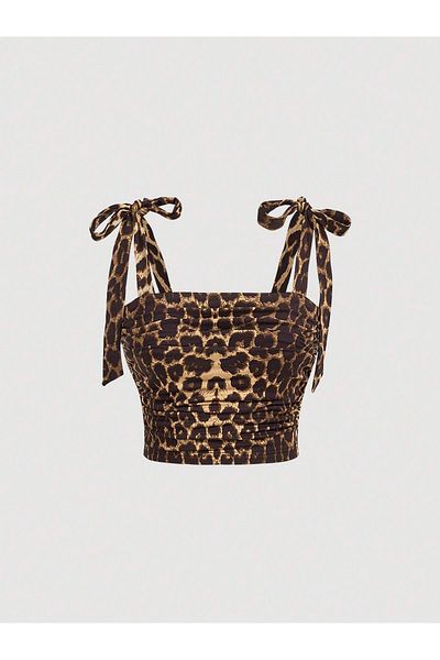 Wild Flower Top cu bretele late de vară cu fundă cu imprimeu leopard