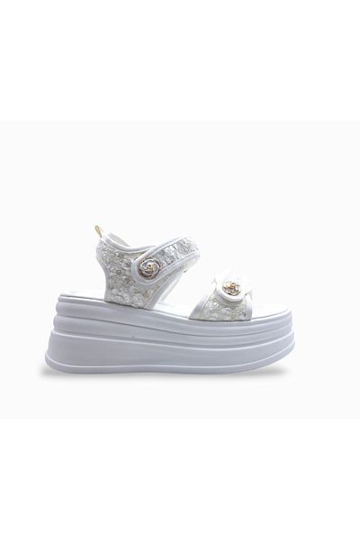 Guja White Women's Sandals with Padded Sole Velcro Sequin Embroidery Detail