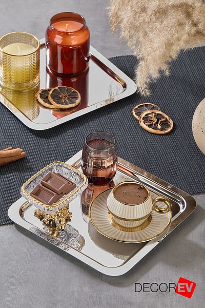 decorev Luxury Square Accessory Stainless Steel 6-Piece Silver Color Coffee, Tea, Decorative Presentation Serving Tray