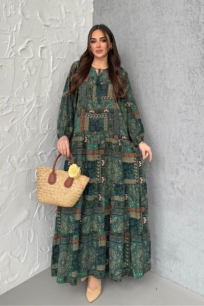 AYASOFYA OTANTIK Women's Khaki Ethnic Patterned Balloon Sleeve Loose Long Dress