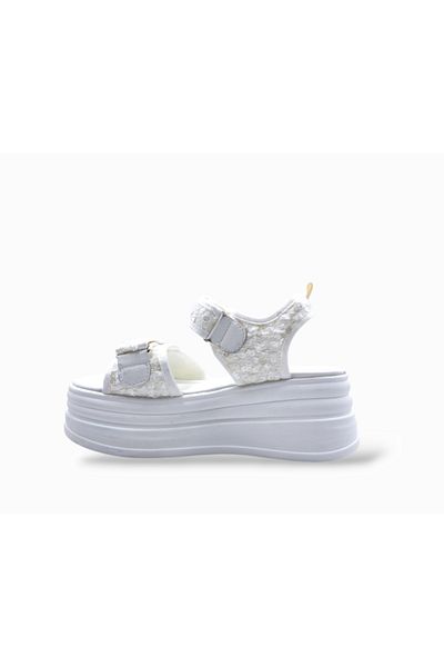Guja White Women's Sandals with Padded Sole Velcro Sequin Embroidery Detail