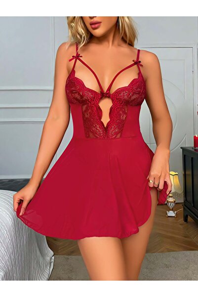 MODA CNG Kadın Derin V Yaka Tam Örgülü Asimetrik Gecelik