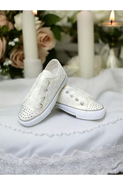 pediashoes KIZ ÇOCUK BEYAZ RENK TAŞLI BAĞCIKLI ŞIK AYAKKABI