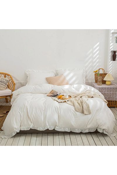 Maki Home Makiteks 100% Cotton Ruffled Off-White 160X220+50X70 Single Duvet Cover and Pillowcase Set