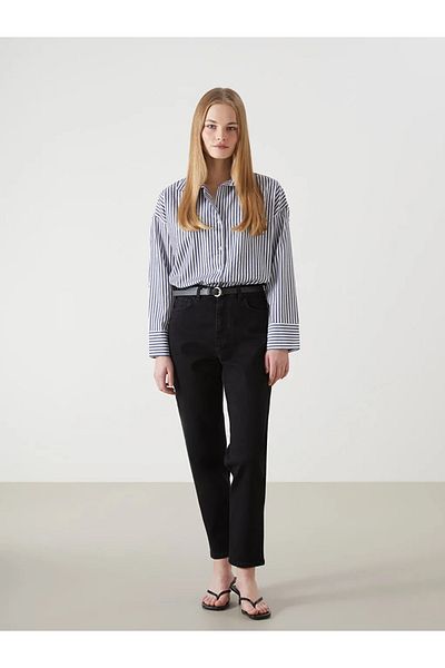 LC Waikiki LCW Jeans Μαύρο Γυναικείο Jean Παντελόνι με Ζώνη Mom Fit