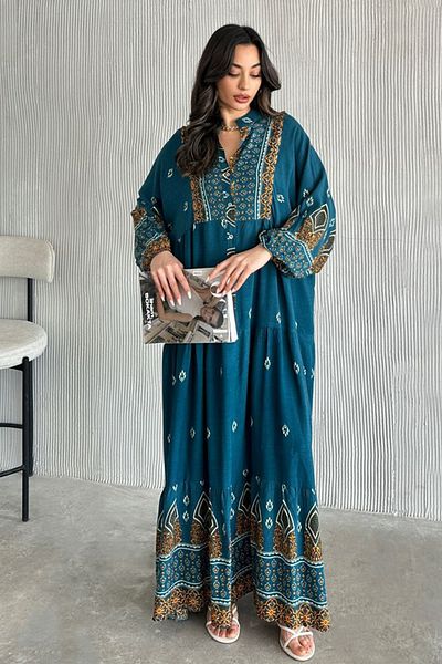 AYASOFYA OTANTIK Women's Petrol Placket Button Collar Ethnic Patterned Balloon Sleeve Loose Long Dress