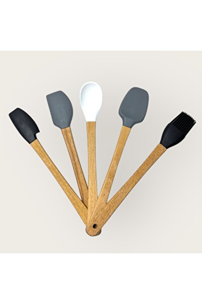 ADS ATELİER 5 Parça Mini Silikon Spatula Kaşık Fırça Seti - Bambu Saplı