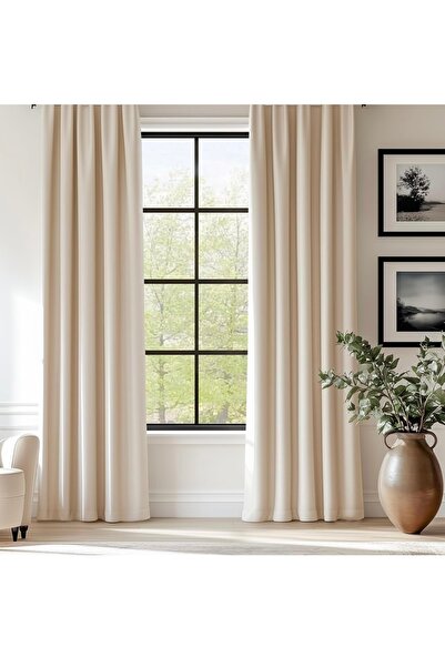 Pyramid Home Kum Beji Rengi Pileli Kadife Görünümlü Fon Perde 1/3 Sık Pile Fo...