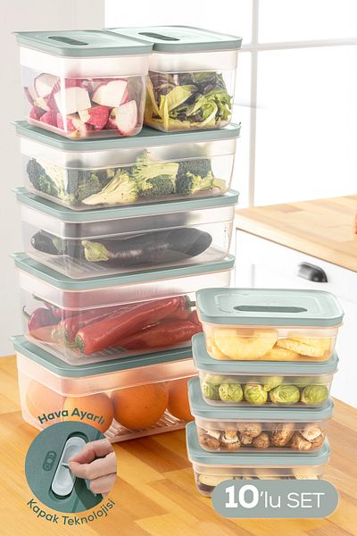 Vienev Adjustable Vegetable and Fruit Storage Container with 10 Air Ducts 4X(1.15 Lt) 2X(2.35-3.8-5 Lt) Mint