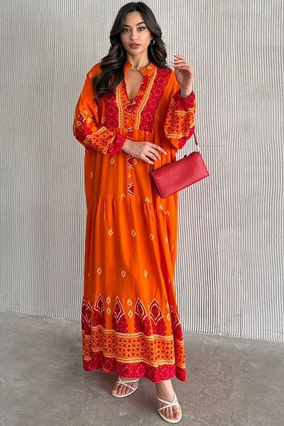 AYASOFYA OTANTIK Women's Orange Placket Button Collar Ethnic Patterned Balloon Sleeve Loose Long Dress