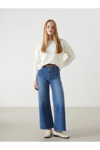 LC Waikiki Blugi LCW Indigo Talie cu centură Wideleg Pantaloni blugi pentru femei