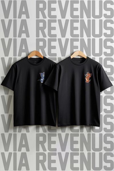 Vordevia Cute Tom and Jerry Printed Wide Fit Crew Neck Lover Combination Tshirt