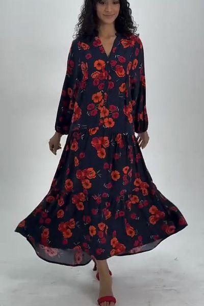 AYASOFYA OTANTIK Rochie de damă, albastru bleumarin, cu decolteu în V, cu imprimeu floral, cu mâneci cu balon, lejeră