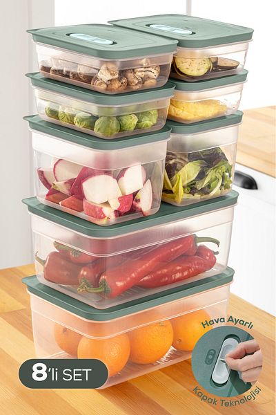 Vienev Adjustable Vegetable and Fruit Storage Container with 8 Air Channels 4X(1.15 Lt) 2X(2.35-5 Lt) Green
