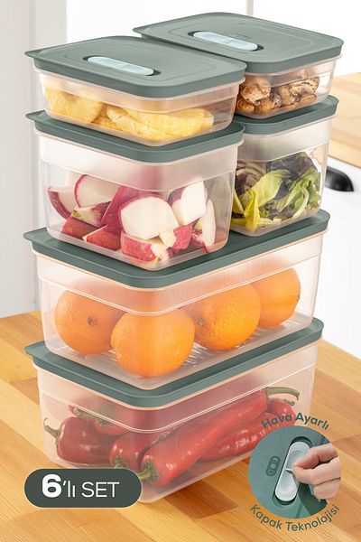 Vienev Adjustable Vegetable and Fruit Storage Container with 6 Air Channels 2X(1.15-2.35-5 Lt) Green