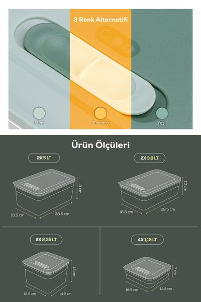 Vienev Adjustable Vegetable and Fruit Storage Container with 10 Air Ducts 4X(1.15 Lt) 2X(2.35-3.8-5 Lt) Green