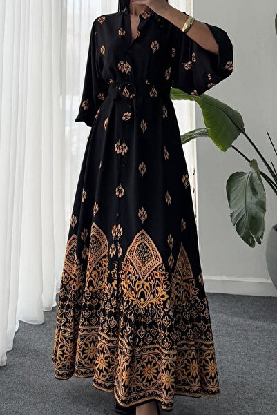 AYASOFYA OTANTIK Kadın Siyah Hakim Yakalı Etnik Desenli Balon Kollu Kemer Det...