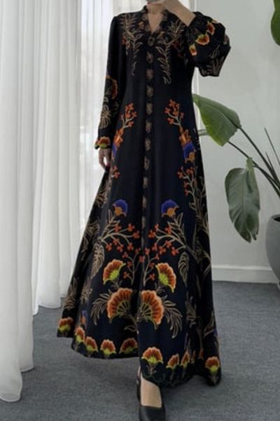 AYASOFYA OTANTIK Women's Black Judge Collar Ethnic Patterned Balloon Sleeve Ethnic Shirt Dress