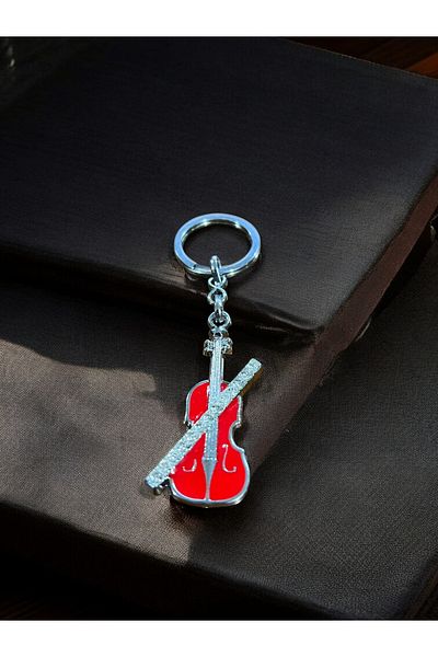 GLANZEND Silver Red Guitar Keychain with Zircon Stone