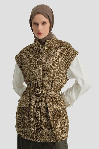 Armine Zippered Long Tweed Vest 24K4202 Khaki Shoe Model
