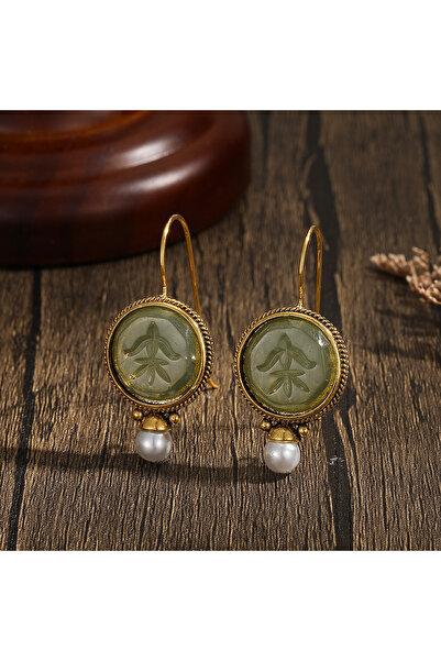 Choice أقراط أذن ذهبية أنيقة بتصميم عتيق على شكل دائري أخضر منحوت على شكل حجر...